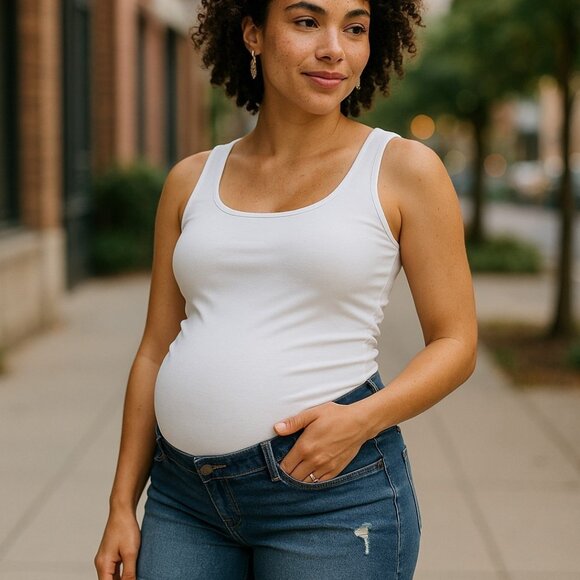 TIME AND TRU MATERNITY High Waisted Jean Shorts S 4 6 Ripped Bermuda Stretch - Picture 1 of 10